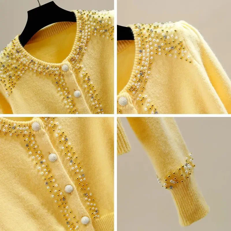 Nail Bead Studded Diamond Round Neck Single Breasted Short Sweater Women's Cardigan Design Sense Temperament Versatile Top