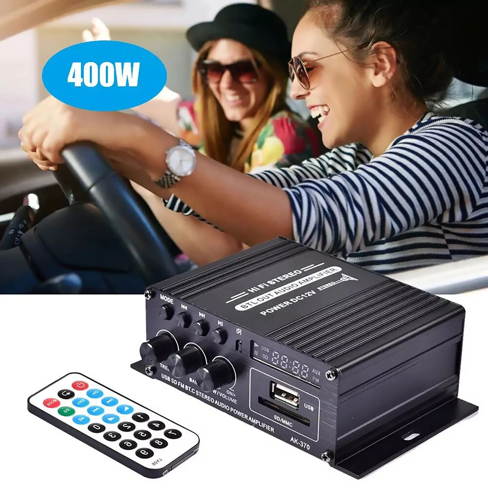 Wzmacniacz cyfrowy Bluetooth AK370 HIFI Mini Stereo Audio Amplifier USB FM 2.0-kanałowy wzmacniacz dźwięku do głośników subwooferowych do domu i samochodu