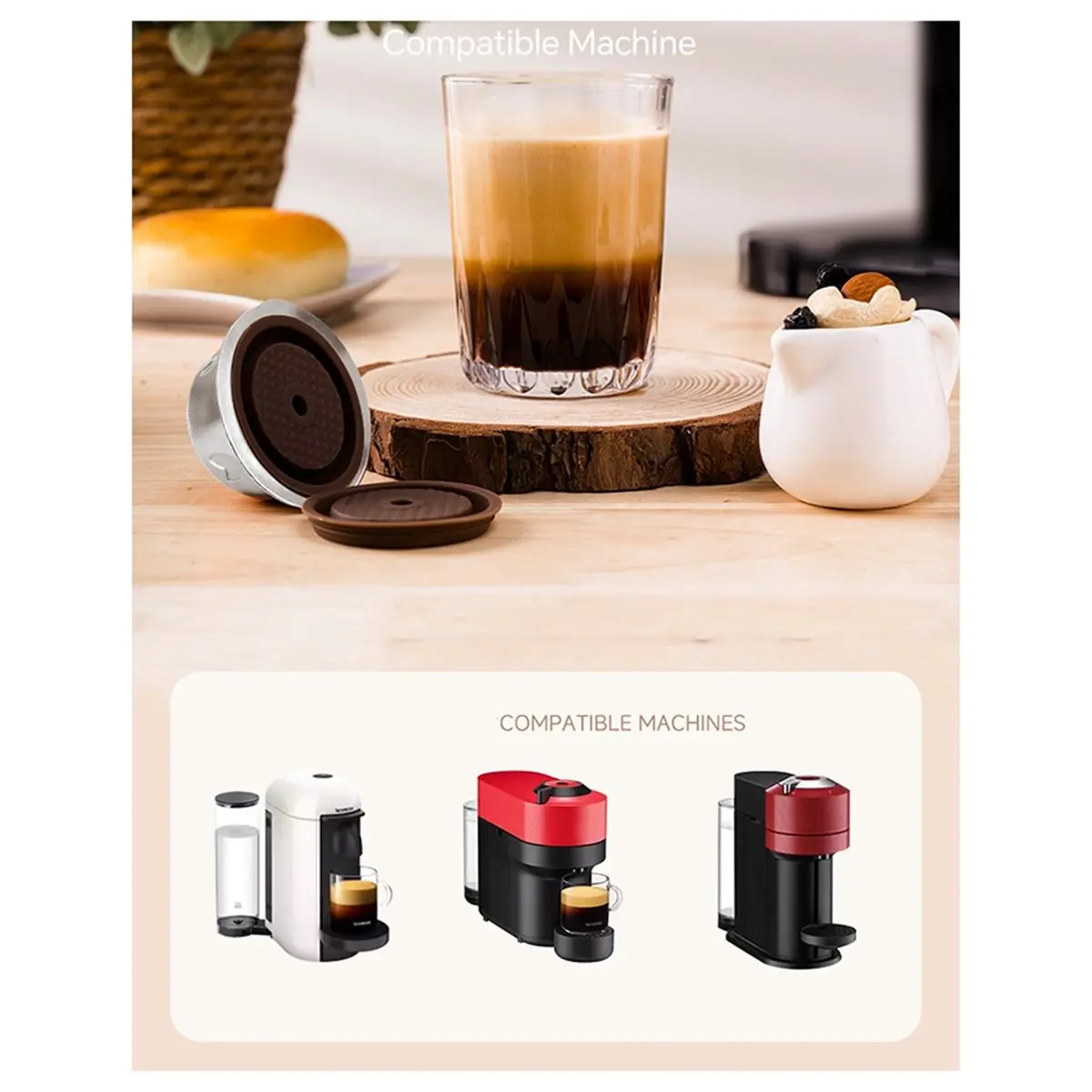 [Online Promotion]Reusable Espresso Pods for Vertuo /Next/Plus Refillable Coffee Capsule W/H Silicone Cap Spoon & Brush 230ml