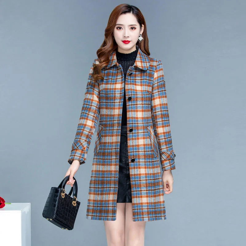 Plaid Woolen Coat Women Korean Mid-length Jacket Autumn Winter New Single-Breasted Wool Blend Female Basic Coat Overcoat 4XL 5XL