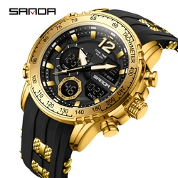 SANDA Men's Quartz Watch Sports Electronic Multifunctional Dual-Display Dial Timing Alarm Clock Waterproof LED Digital Watch