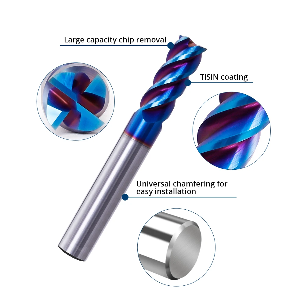 HRC 65 milling cutter Tungsten steel milling cutter Alloy ,nano blue coated 4-edge stainless steel cnc tool CNC machining