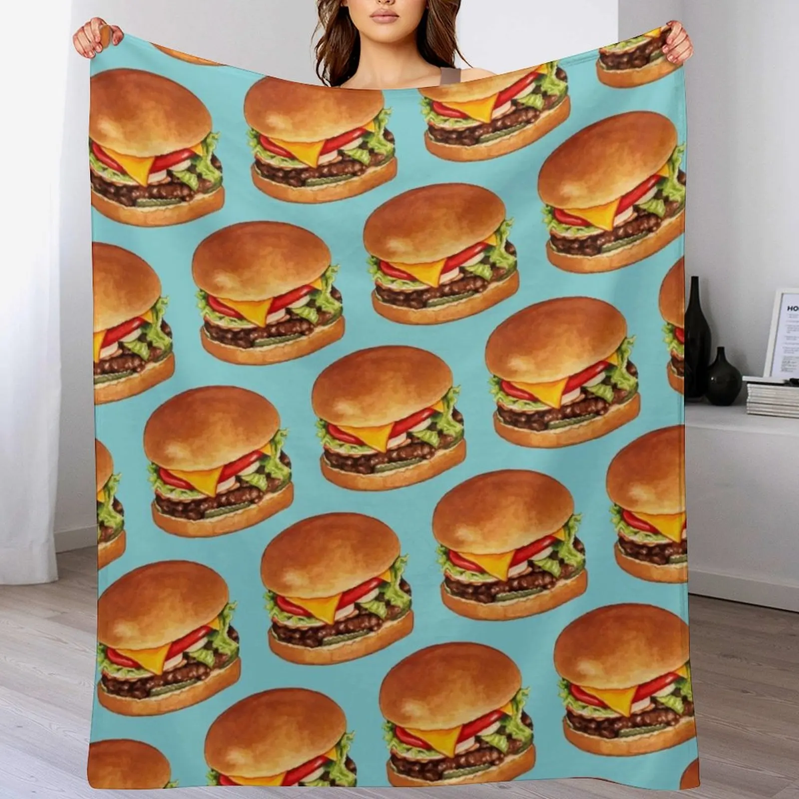 Cheeseburger Pattern 4 - Blue Throw Blanket wednesday Flannel Fabric Bed christmas decoration Blankets