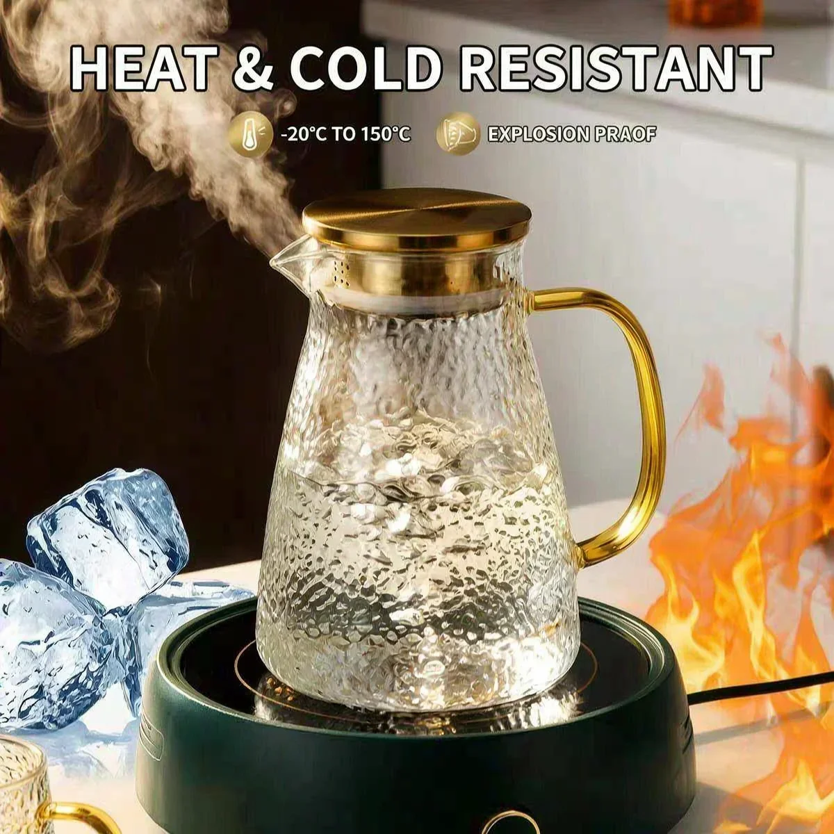 Iceberg Hammer Glass Kettle,Borosilicate Teapot Heat&Cold Resistant,Dual Filter Lid Stainless Steel,Explosionproof Handle