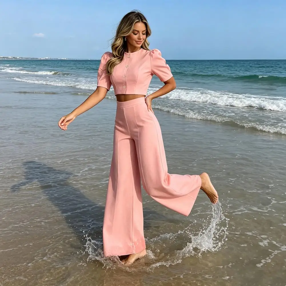 

Elegant Women Suit Breathable Women Two-piece Suit Women's Summer 2 Piece Outfit Set Crew Neck Crop Top with Wide Leg