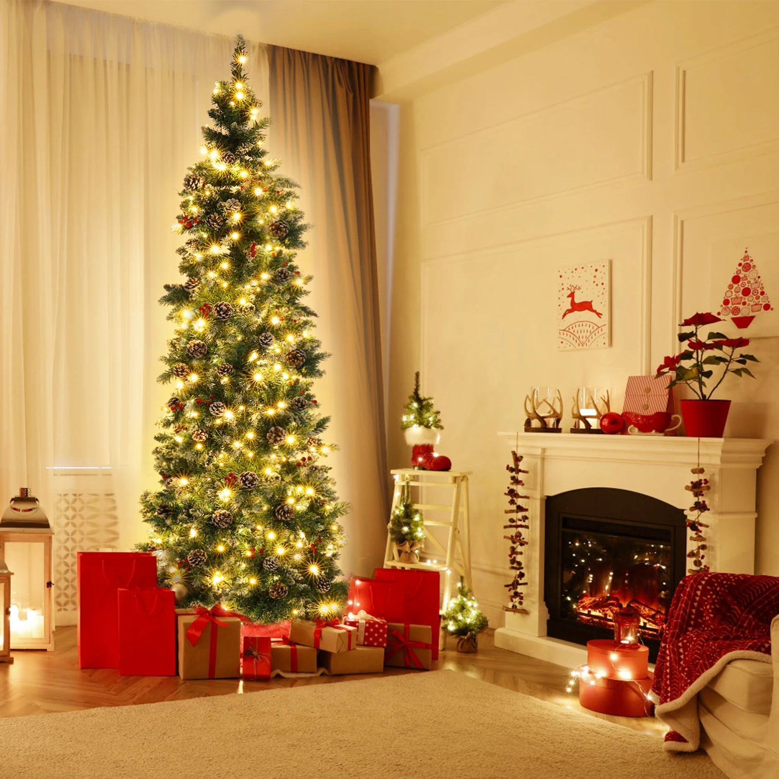 

7.5 Ft Pre-Decorated Pencil Christmas Tree Pre-Lit Holiday Tree with Clear Lights Collapsible for Easy Storage