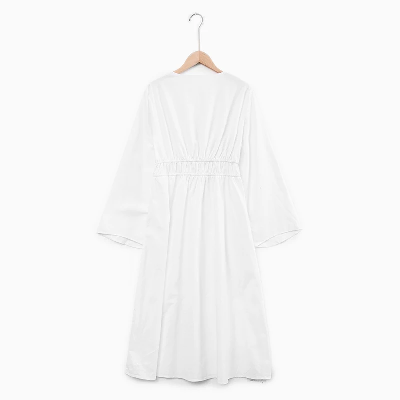 Sukienki damskie z bawełny i lnu, dekolt w serek, rozkloszowane, długi rękaw, luźne, elastyczne, białe, eleganckie, nowość, wiosenne, długa szata, vestid