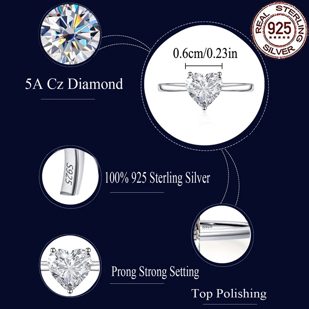 CWWZircons S925 Sterling Silver Brilliant Love Heart Shape Cubic Zirconia Rings for Women Bridal Party Jewelry Accessory SR057