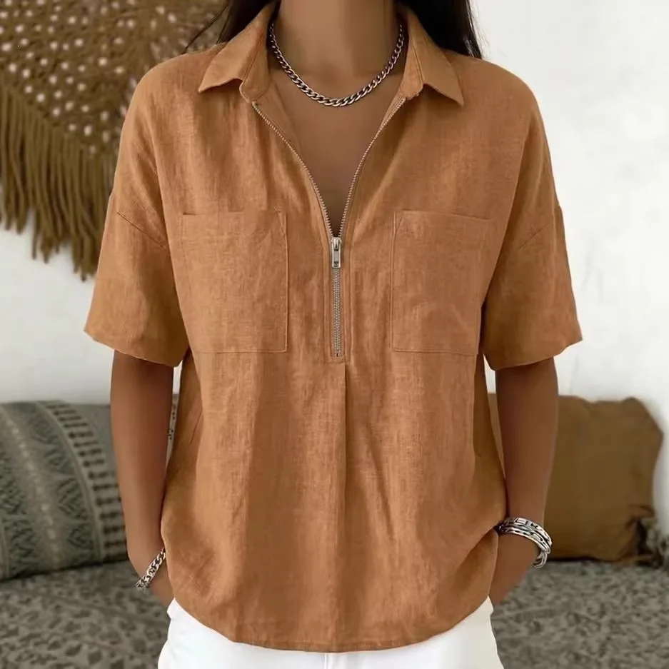 2026 Lapel. Solid Color Short Sleeve Shirt V-neck Zipper Patch Pocket Shirt Multifunctional And Fashionable Femme