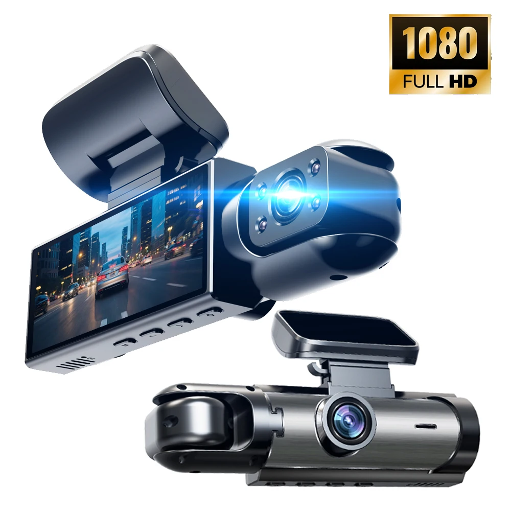 Cámara de salpicadero HD 1080P con doble lente para coche, con visión nocturna IR, grabación en bucle, lente gran angular, grabadora de vídeo para coche.