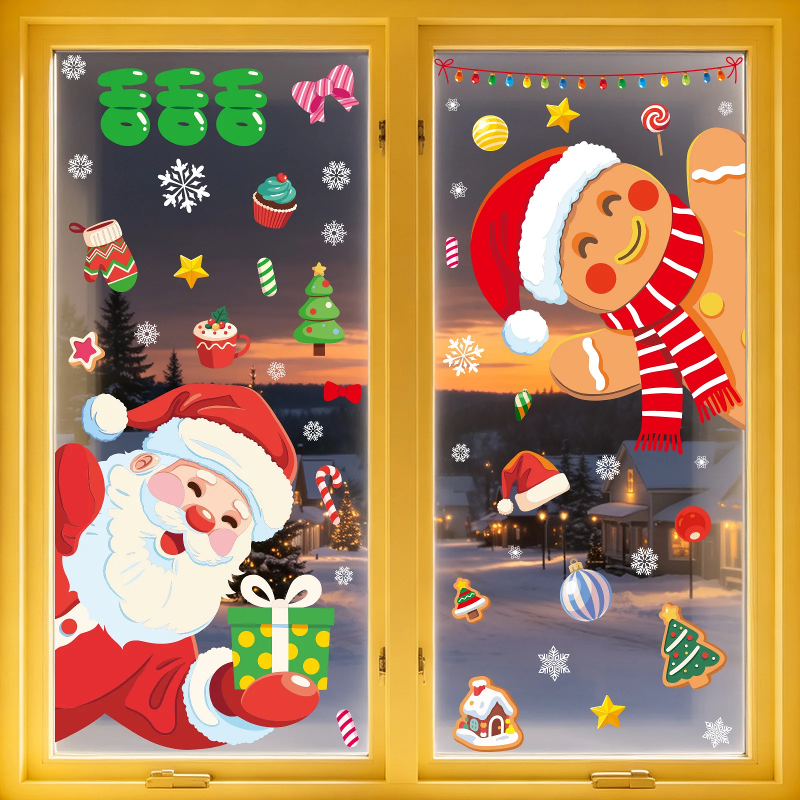 Christmas Holiday Static Glass Stickers, Creative Snowflake Gingerbread Man Dreamy Snow House Santa Claus Window sticker