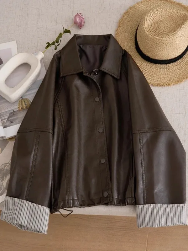 大きいサイズ 300 ポウファイオナブル パッチワーク ストライプ PU レザー ジャケット ルーズフィット 韓国風 スレ メンズ レディース 秋冬コート