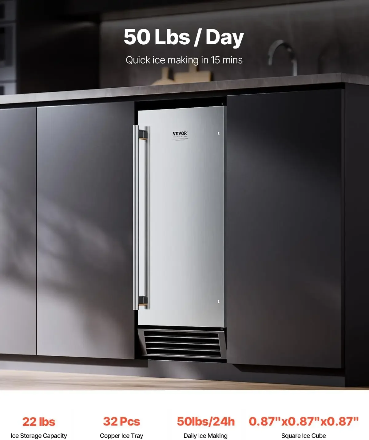 Undercounter Built in Ice Maker 50 Lbs Day Under Counter Ice Maker Machine with Drain Pump Reversible Door Stainless Steel