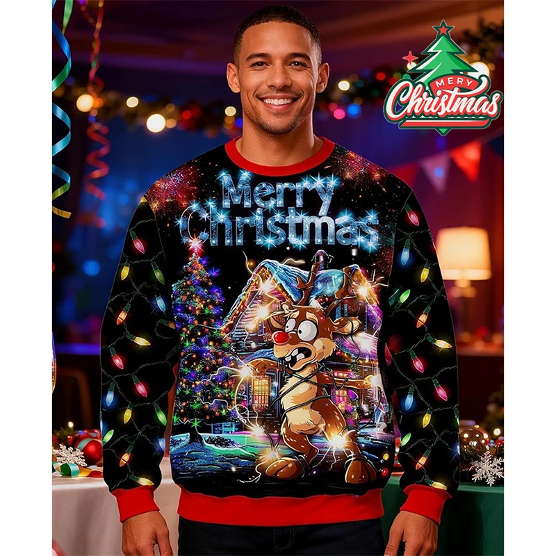 

Novel Cool Party Christmas Ugly Hoodies For Men Unique Neon Print Santa Snowman Animal Pullover Sweatshirt Fashion Festival Top