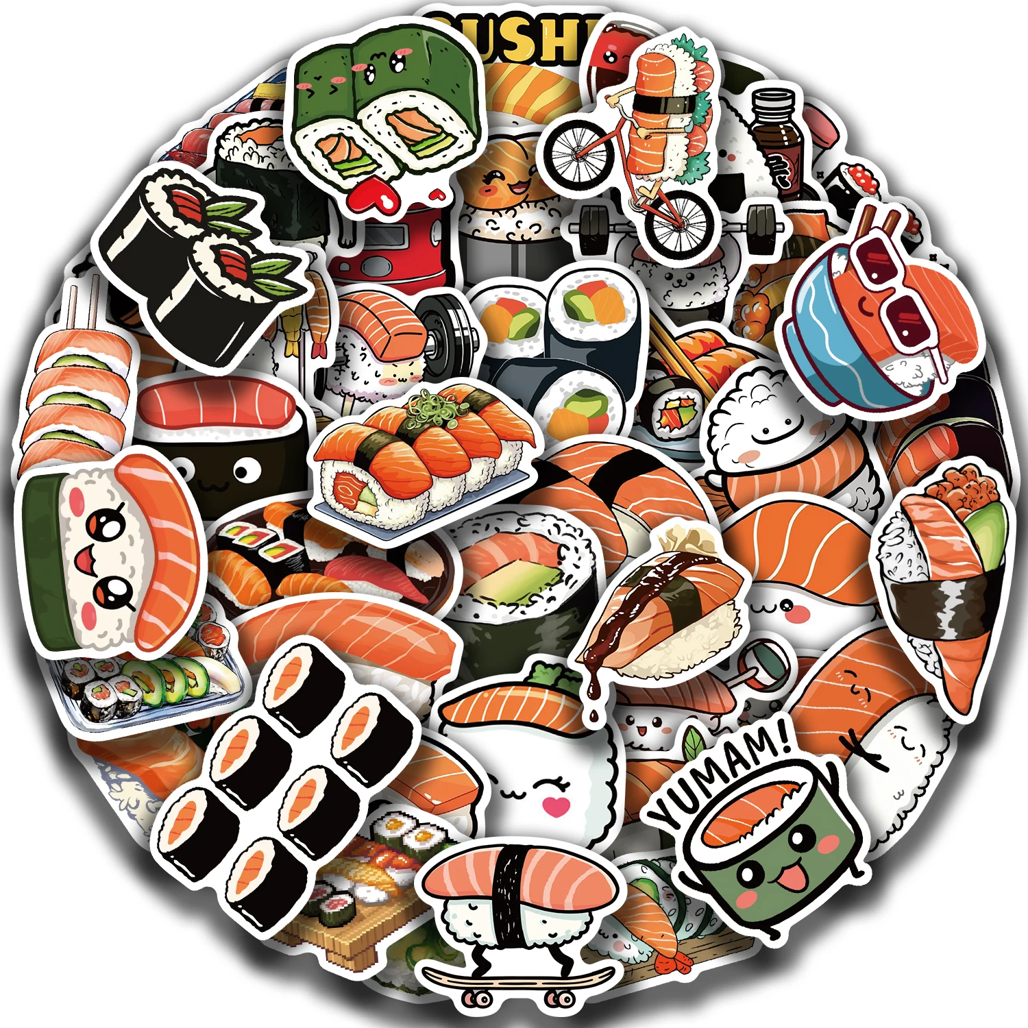 50Pcs Sushi Waterproof Stickers for Phone Cases Helmets Laptops Decals with Colorful Designs and Patterns Food Sticker