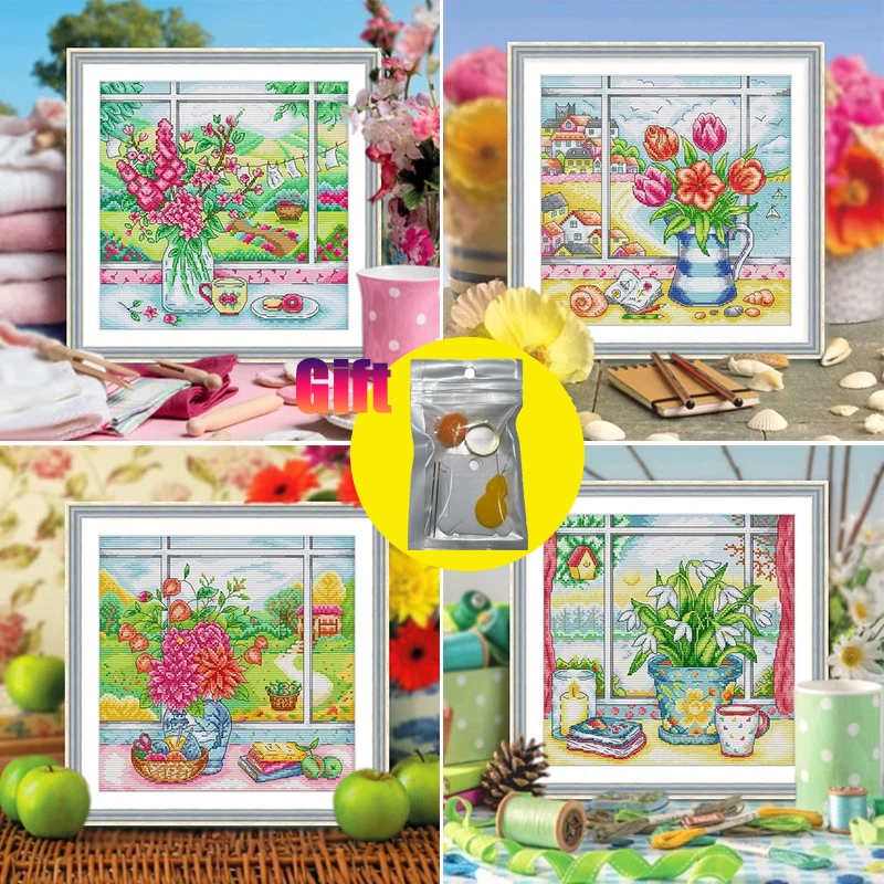 Spring Brand Cross Stitch Kit Window sill with seasonal flowers DIY Print 11CT Canvas Embroidery Kit European Style Wall Decor