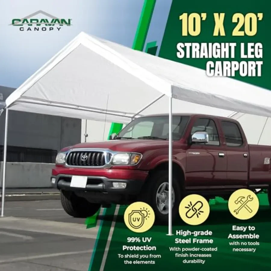 Outdoor pop-up carport with heavy duty steel frame, powder coated finish, black color, includes 6 steel stakes for stability an