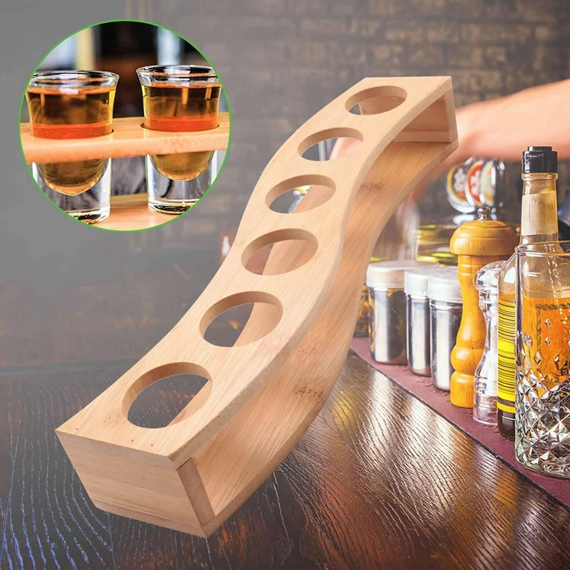 6X Shot Glass Holder Set-1Oz/30Ml Shot Glass Set Bamboo Shot Glass Holder, 6Pcs Shot Glass Set, Perfect For Party, Bar