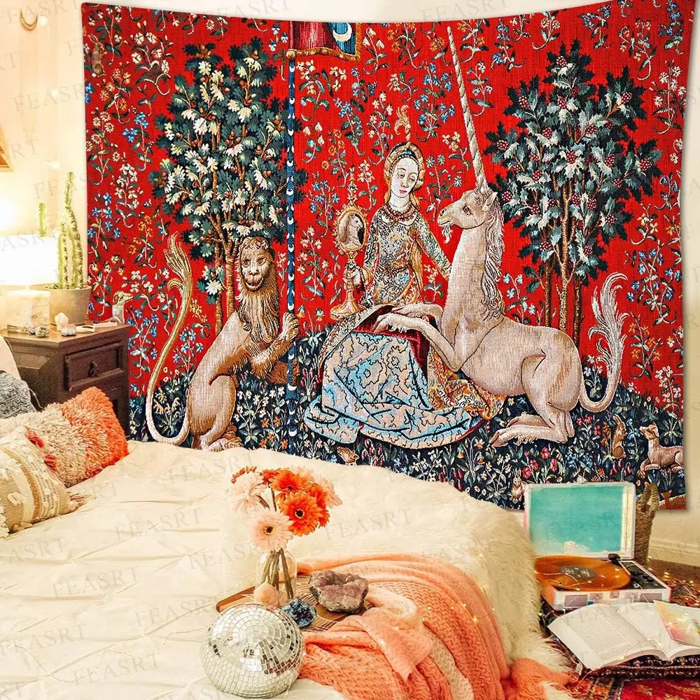 Medieval Unicorn Tapestry,Vintage Noble Lady Unicorn Lion Forest Animal Art Wall Hanging,Cozy Mystic Home Background Cloth Decor