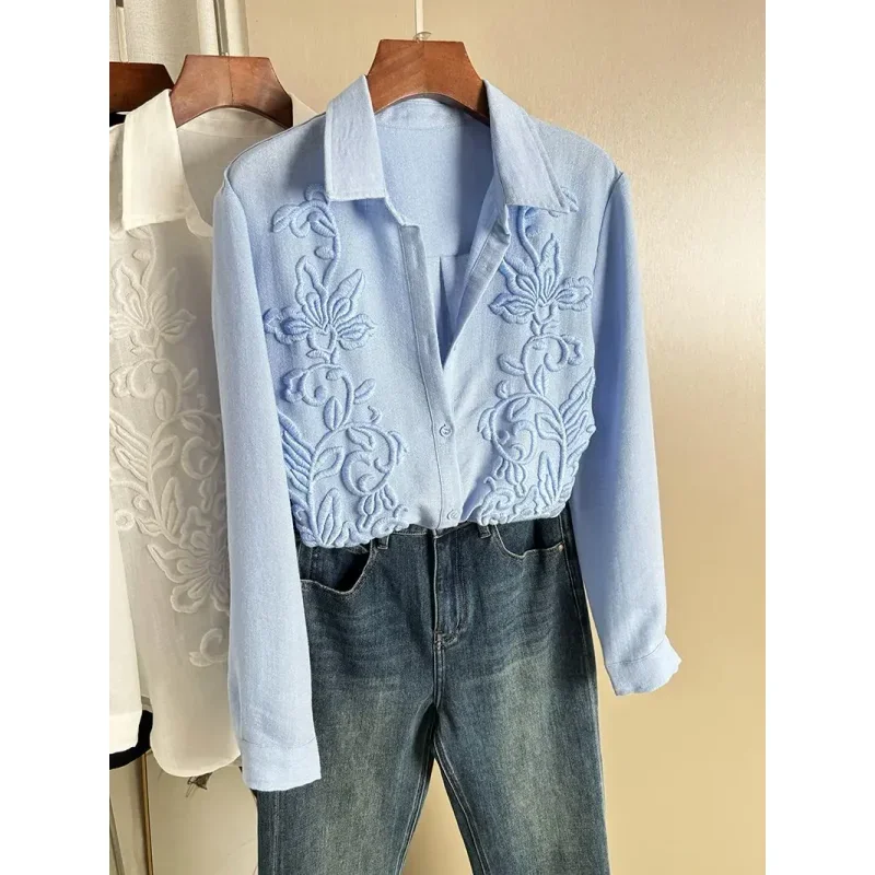 Camicia casual ampia ricamata per l'industria pesante Top bianco di media lunghezza stile pigro