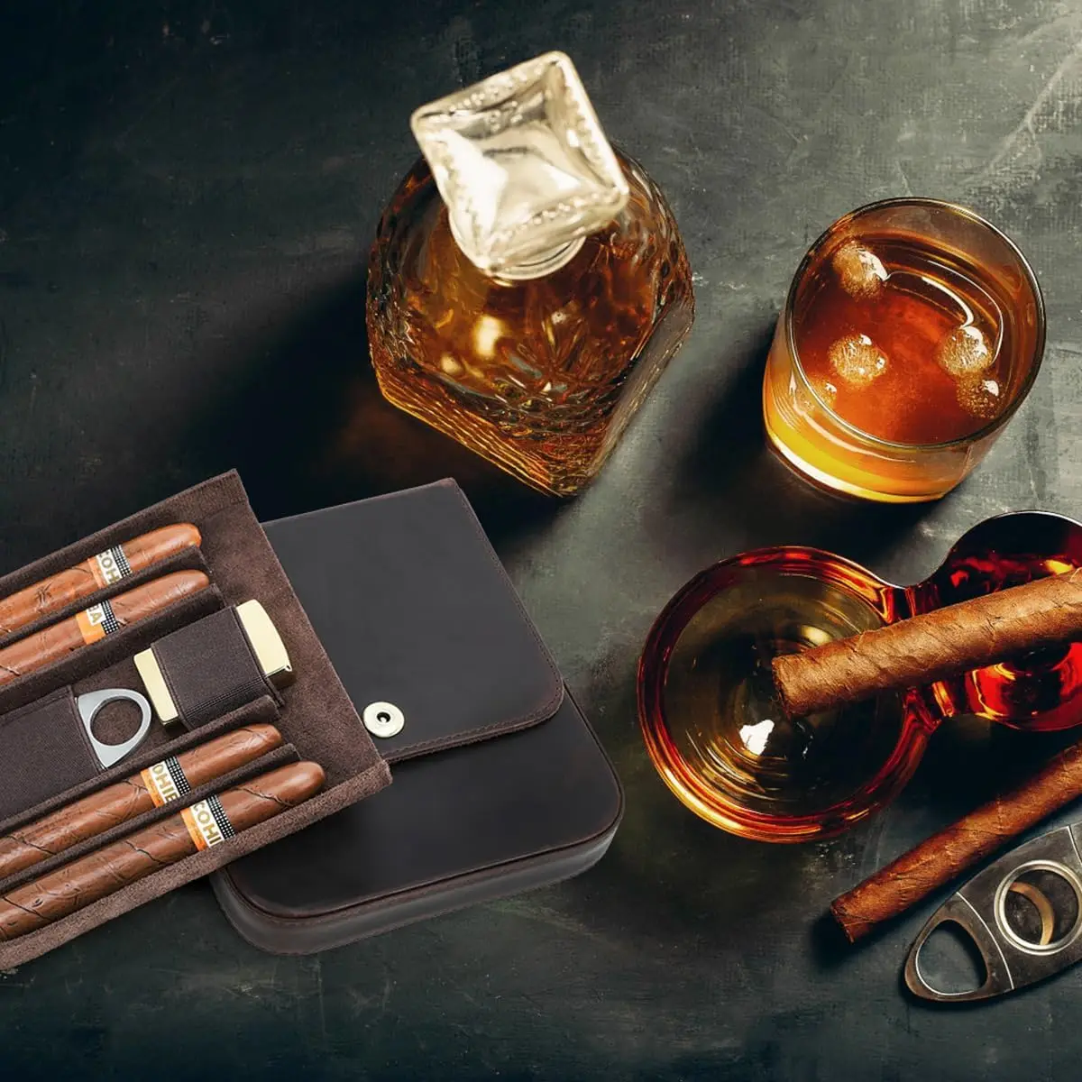 Full Grain Leather Cigar Case for 4 Cigars Travel Cigars Box with Cigar Cutter Slot & Lighter Slot Portable Cigar Storage Holder