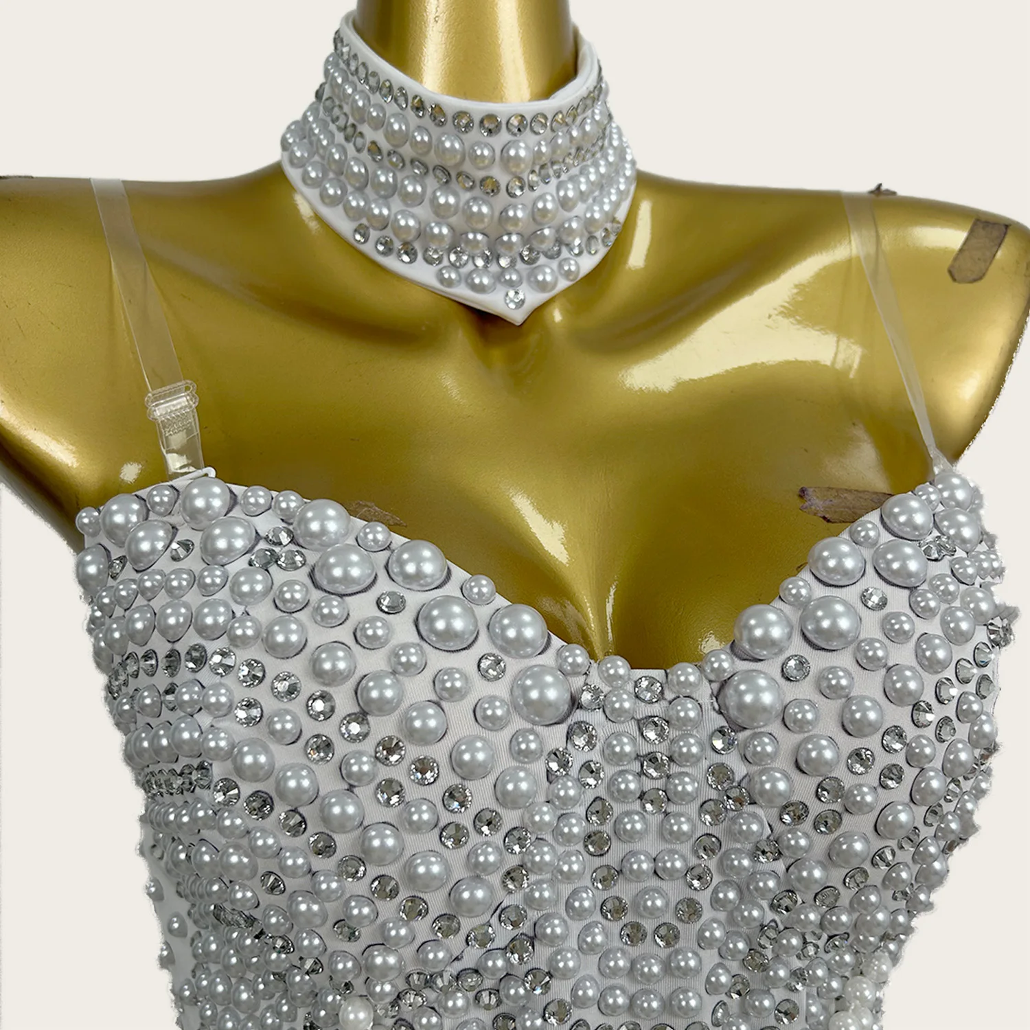 Luxury High-end Sexy Women Couture Sparkly Rhinestone Pearls Tight Fitting Mini Dress Birthday Celebrate Party Prom Outfit Yudu