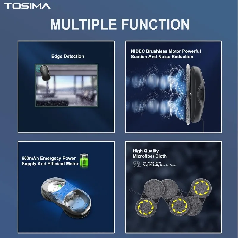 Tosima W3 창 청소 로봇 - 삼중 안전 시스템, 스마트 내비게이션을 갖춘 이중 방향 자동 스프레이 스마트 창 청소기