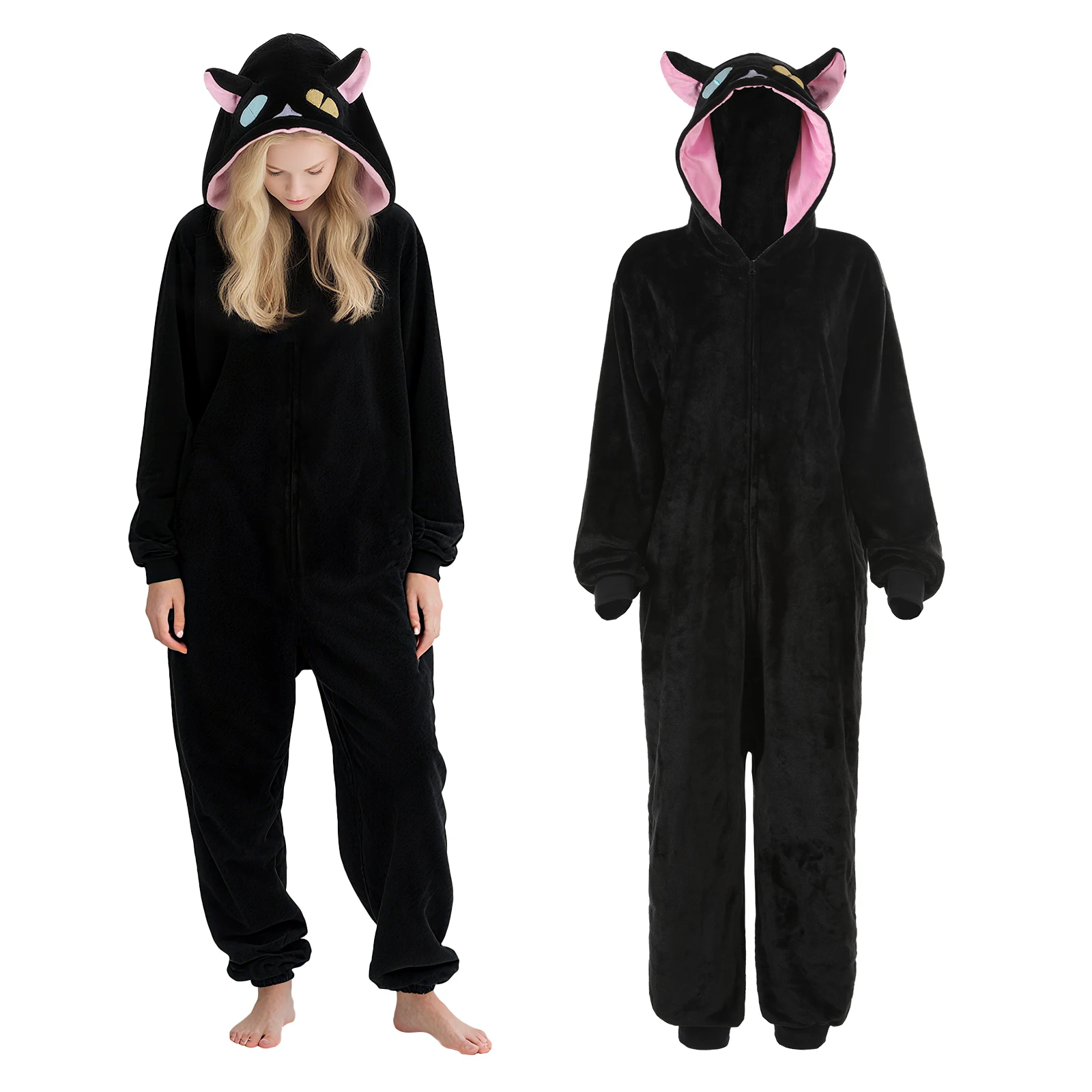 

Cat Onesie with Hoodie Black Cute Cat Pajamas Animal Costume Halloween Cosplay Outfit Adults Women Men