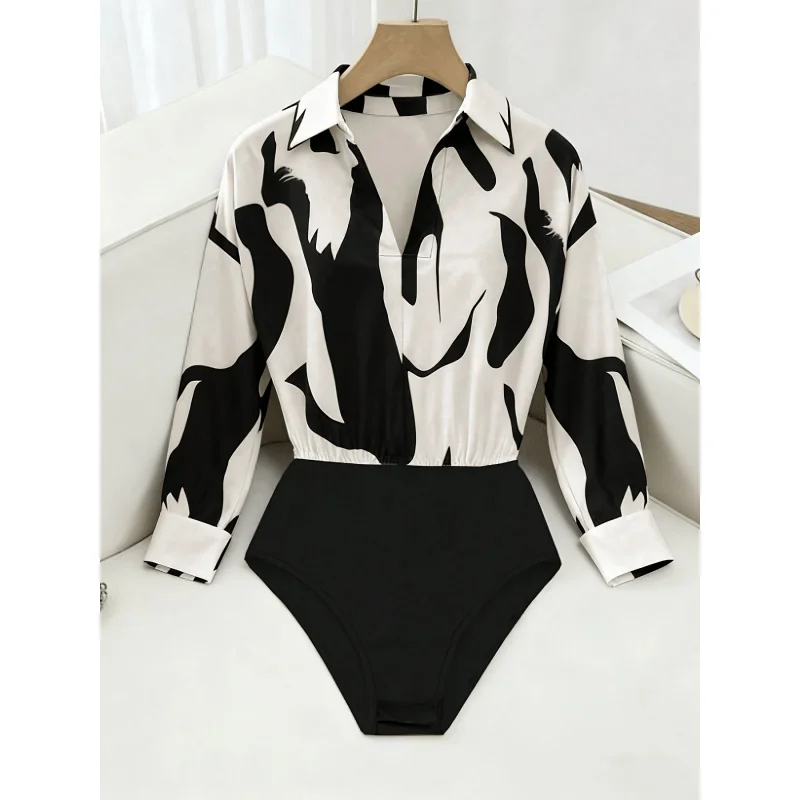 Long-Sleeved Jumpsuit, Made of Patchwork Fabric, Featuring a Loose Printed Shirt Combined with Solid Elastic Material view 3