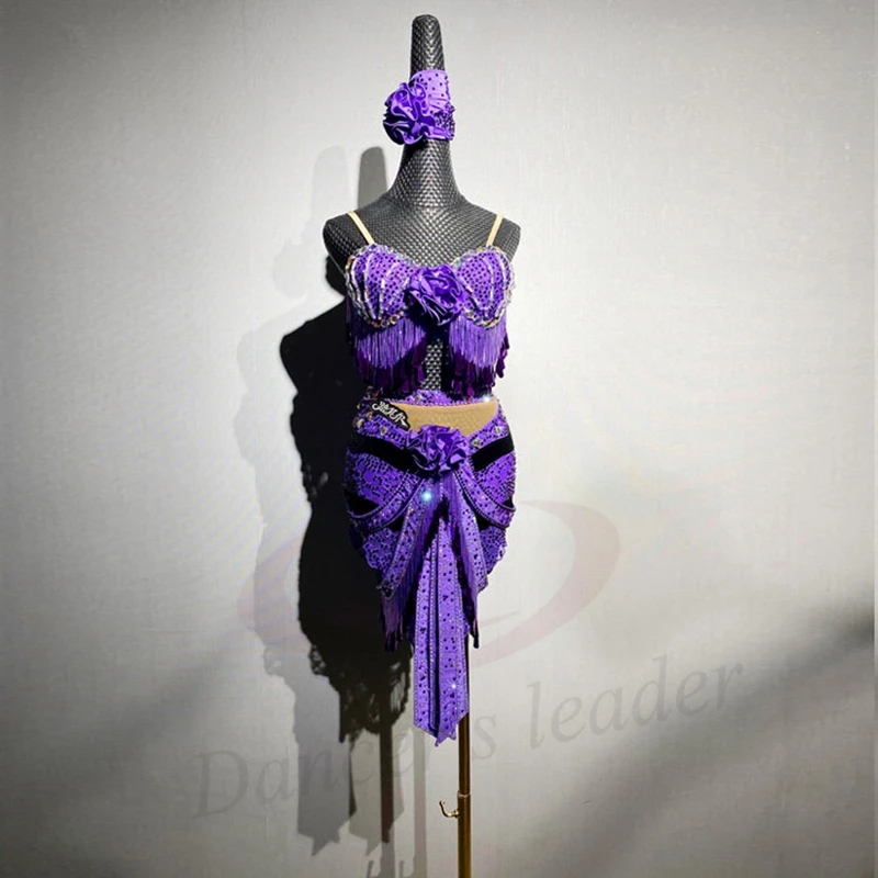 

Latin Dance AB Stone Female Adult Children High end Customized Pearl Dress Ethnic Style Printed Black Pool Samba Dress
