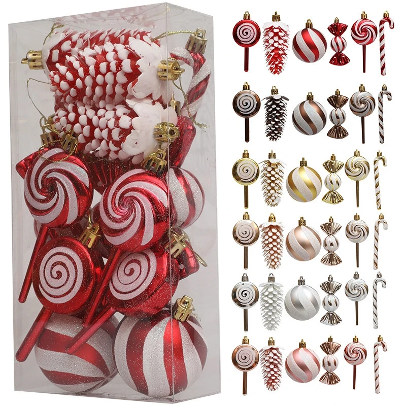 

Christmas 15Pcs Set Halloween Cane Candy Pinecone Red White Painted Ball Set Plastic Christmas Decoration 15 Pack Gifts Box Set