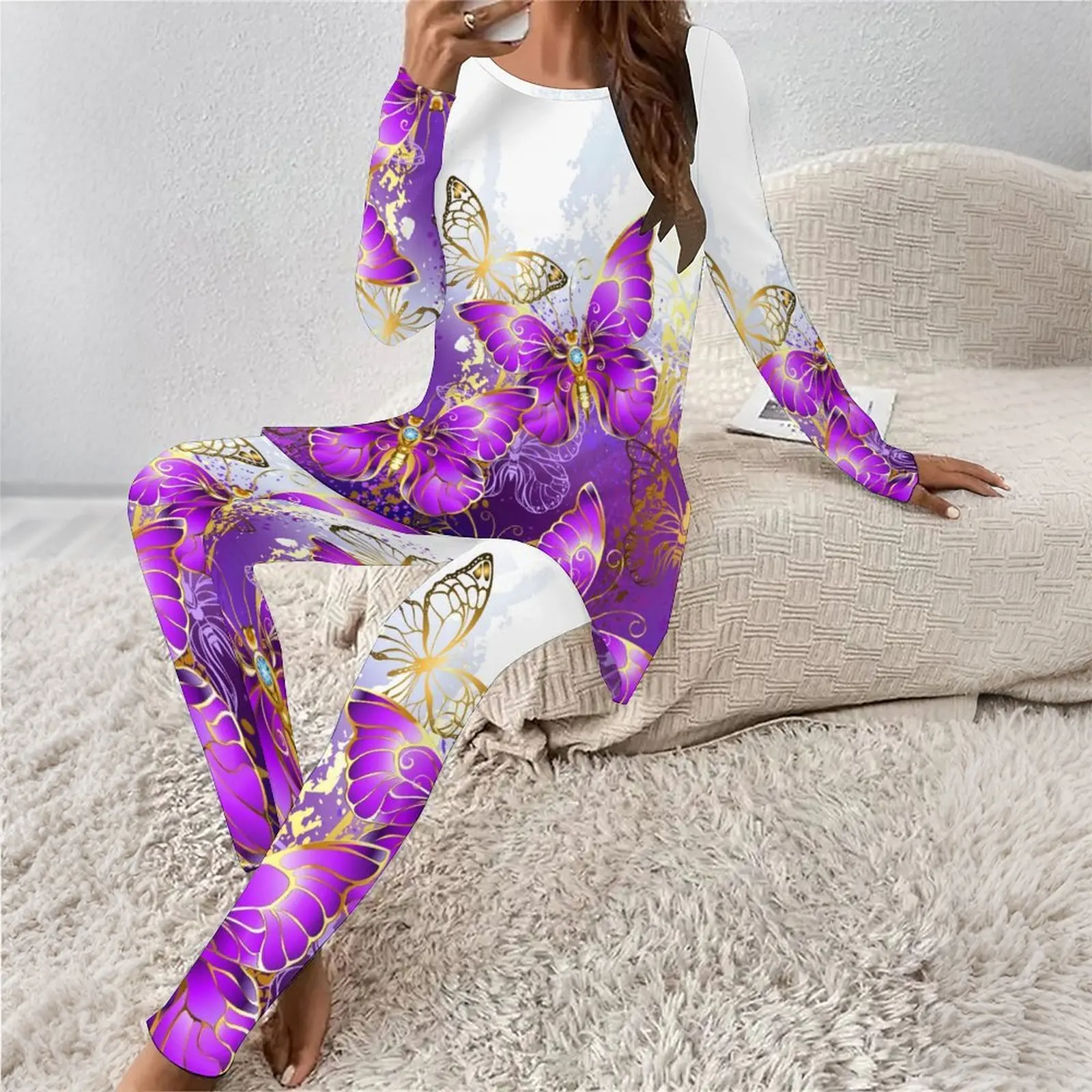 Winter Elegant Two-piece Set Round-neck Retro Suit Fashion Tight Pants Autumn Daily Long Pants Women's Printed Long-sleeved