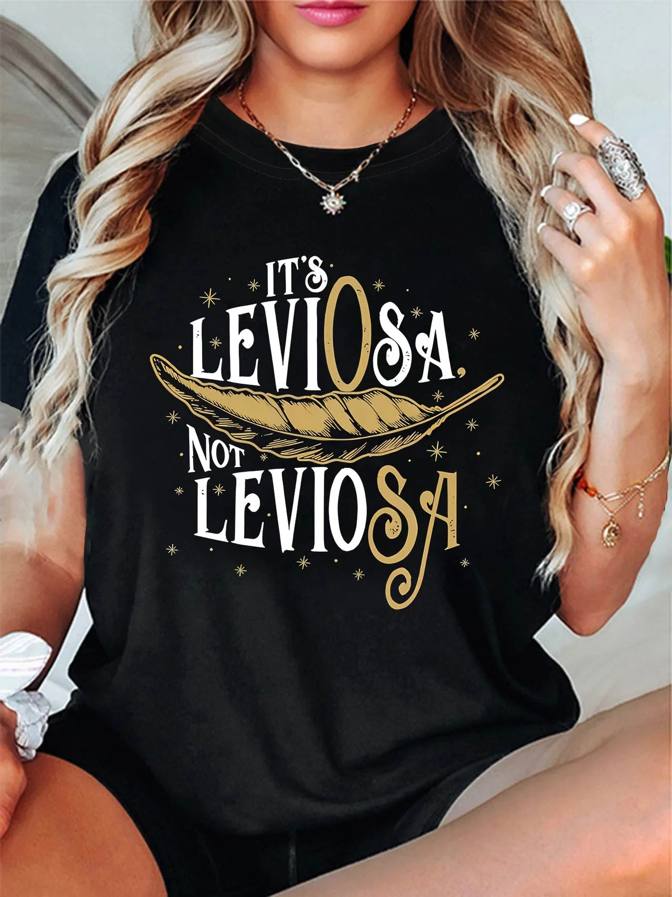 Casual Medium Stretch Spring Summer  Leisure Clothing Playful Women's Graphic Black with White Golden Glitter Sparkling