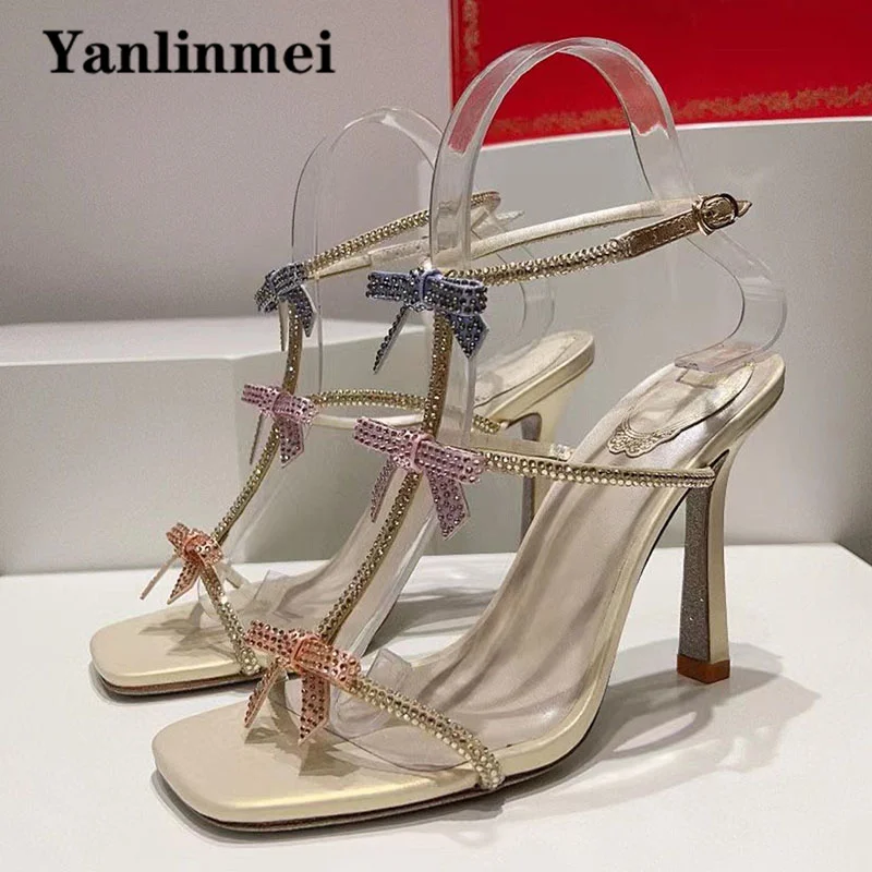 

Summer High Heels Gladiator Sandals Women Butterfly-knot Crystal Ankle Strap Wedding Party Shoes Women Thin Heels Sandals Woman