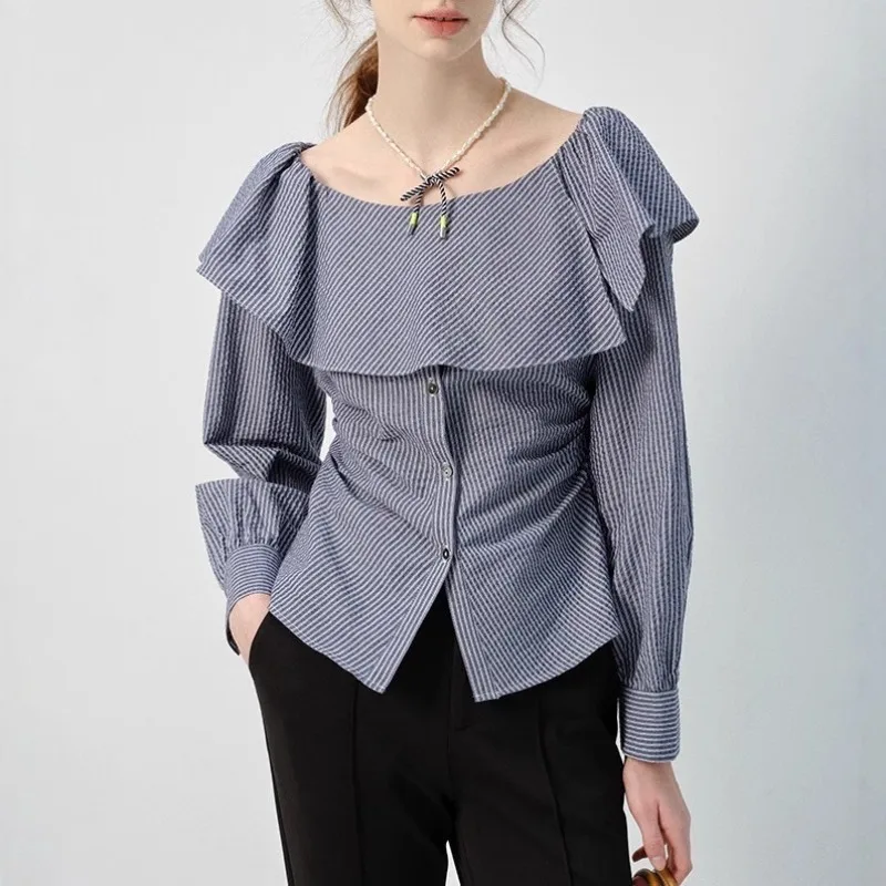 

Cotton Shirt Women's Spring 2026 New Lotus Leaf Collar Slim Lady Style Women's Shirt