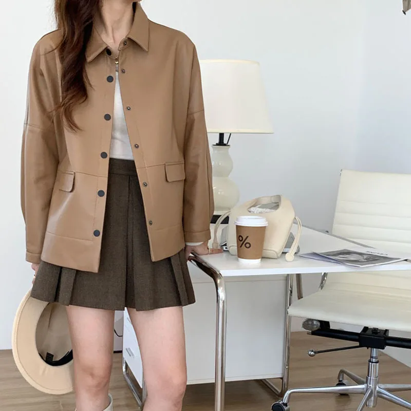 Sheepskin Bat Shirt Women's 2023 Spring New Short Casual Loose Turn-down Collar Single Breasted Genuine Leather Overcoat Female