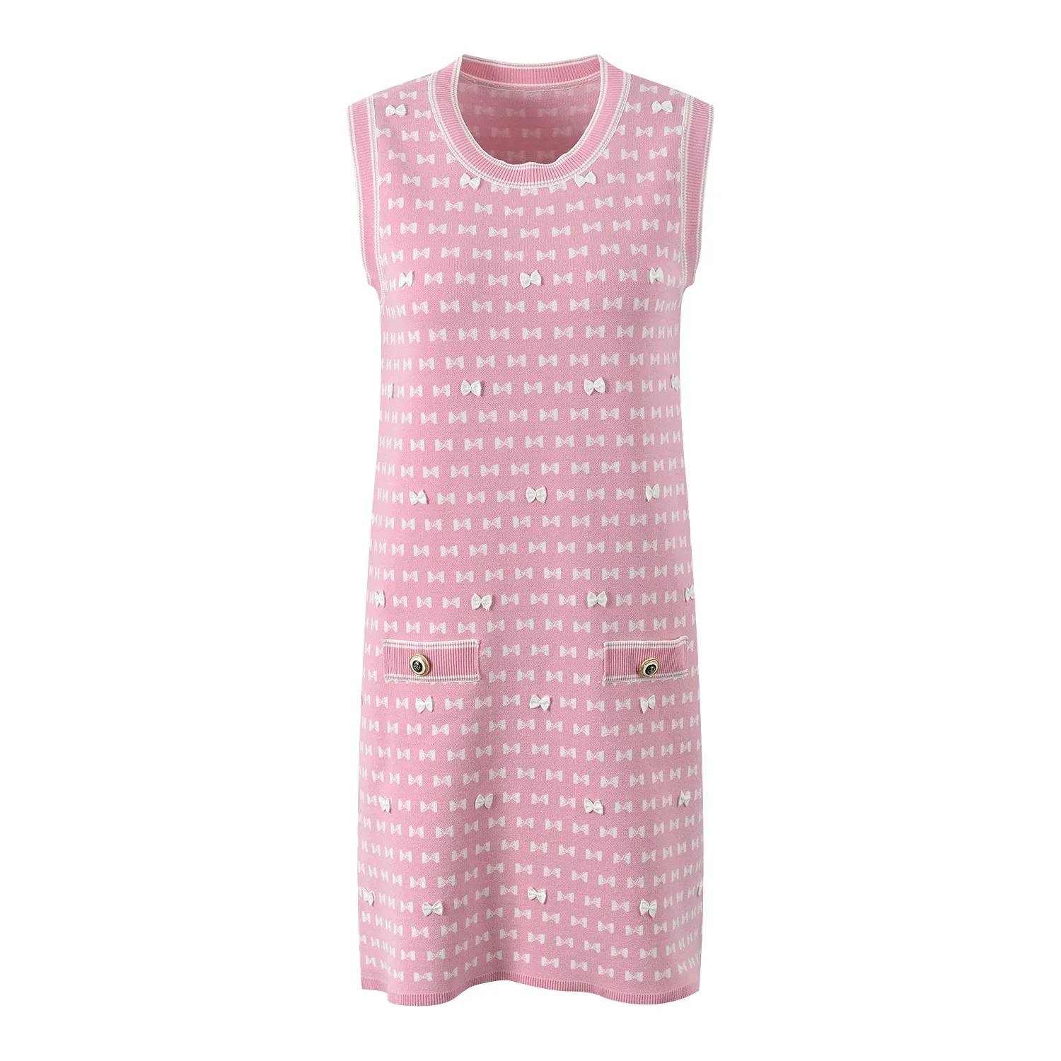Zjyt nova primavera 2025 padrões bowknot sem mangas tricô camisola vestidos femininos o pescoço casual vestido diário vestidos doce rosa