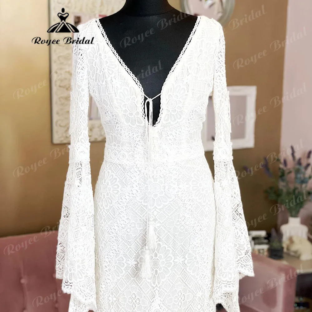 Abito da sposa Vintage a maniche lunghe con scollo a V in pizzo a sirena Boho per la sposa 2024 abito da sposa senza schienale abito sirene mariage abito sposa