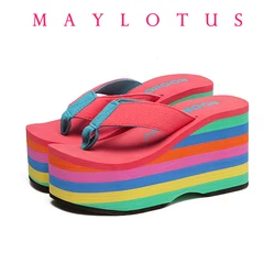 Women Rainbow Slippers High Heels Flip Flop Wedge Slippers Women Summer 10CM Heels Platform Slippers Flip Flops Womens Slides
