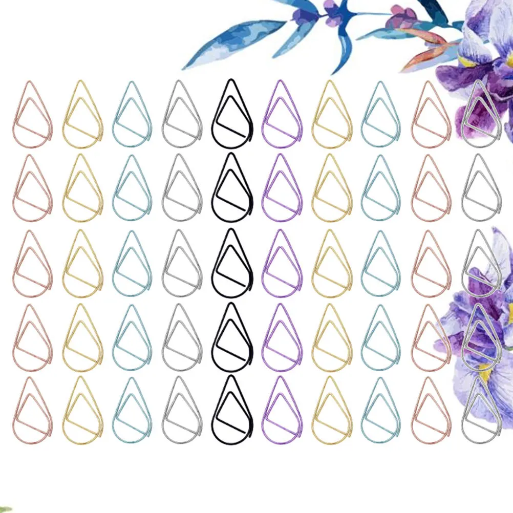 100 قطعة مشابك ورق معدنية على شكل قطرة ماء صغيرة الحجم باللون الذهبي والفضي والأسود مشابك مرجعية إبداعية لمكتب المدرسة والمنزل وملاحظة الصور