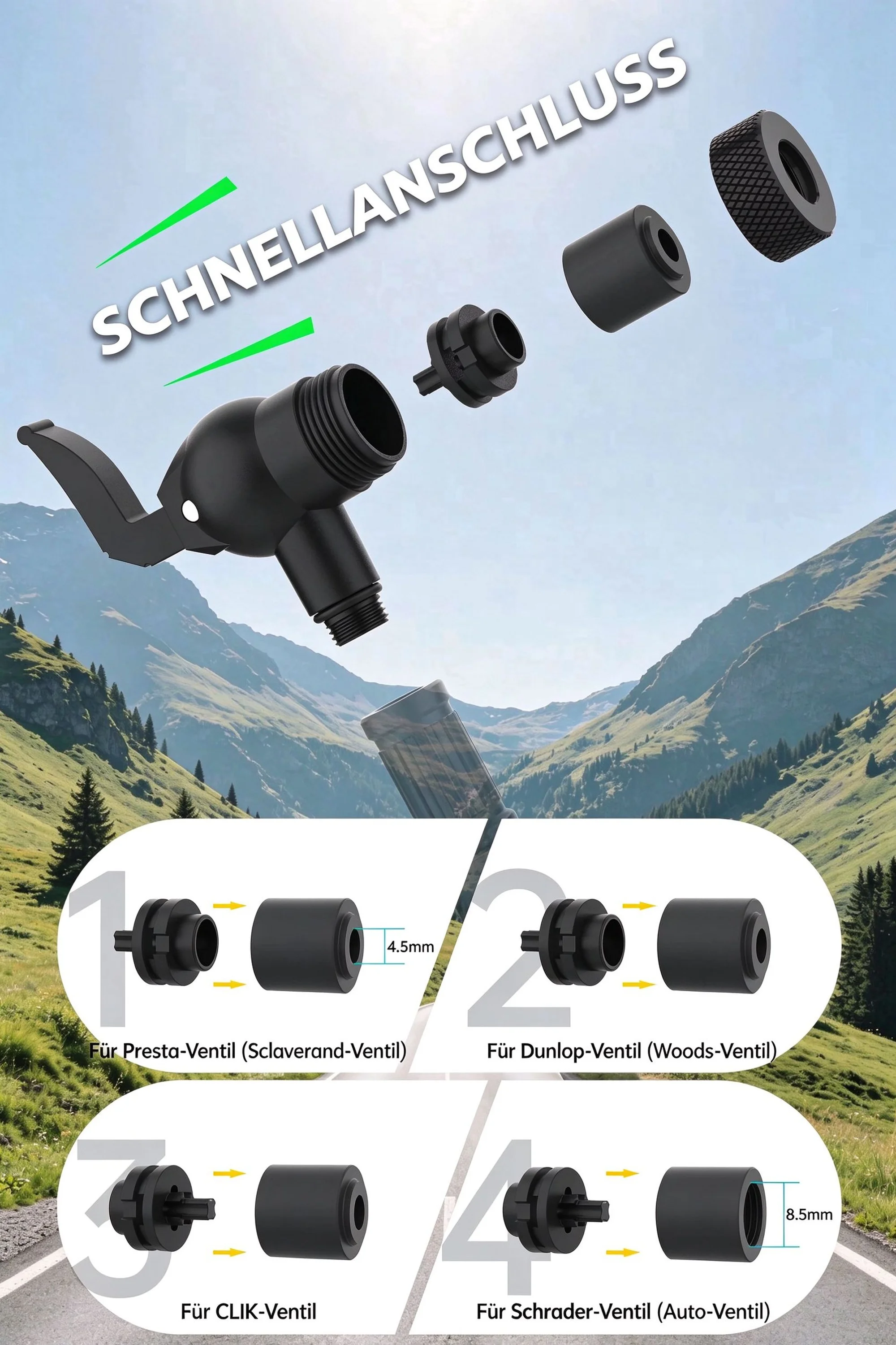 Fahrrad-Luftventiladapter, Schnellkupplung für Luftpumpen, Passend für Presta/Schrader/Clik/Dunlop – Detail 1