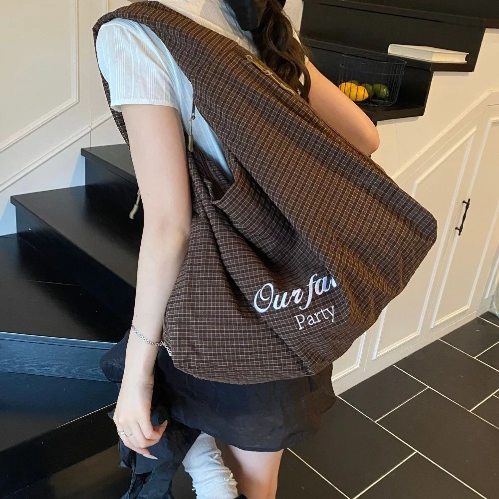 

Винтажная японская клетчатая сумка на плечо, универсальная большая сумка с надписью, повседневная женская сумка большой вместимости, женская сумка