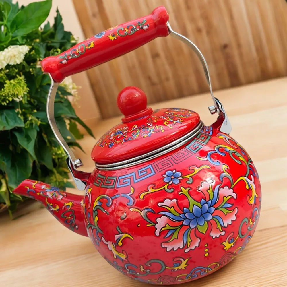 Vintage Red Floral Enameled Tea Kettle Infuser Boiling Water Pot for Stovetop, Elegant Pour-Over Coffee Pot with Handle and Stun