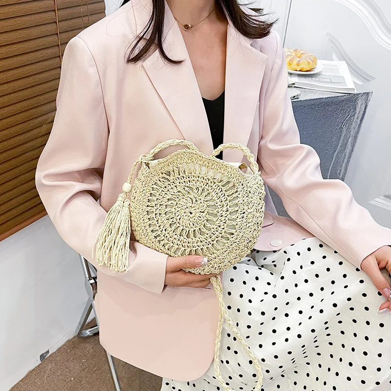 Rattan gewebte Frauen Stroh Umhängetasche kleine Clutch Geldbörse und Handtasche Sommer Strand tasche Frau Quaste Schulter Umhängetasche – Detail 13