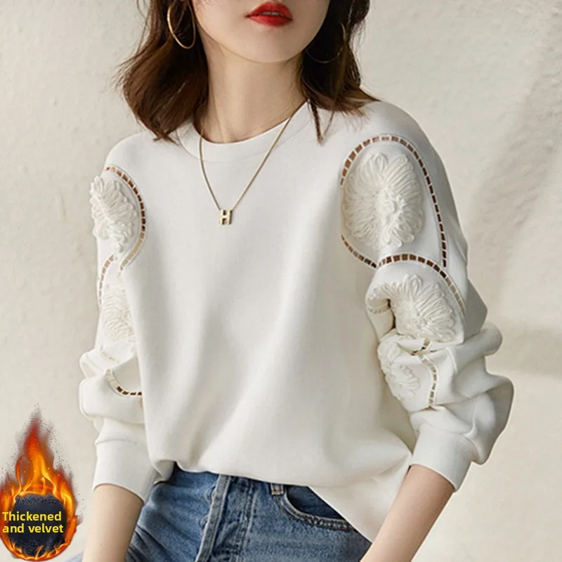 

Толстовка с капюшоном Thiened Fce, женская осенне-зимняя европейская плиссированная толстовка с тяжелой вышивкой, свободная посадка, длинный све, круглая...