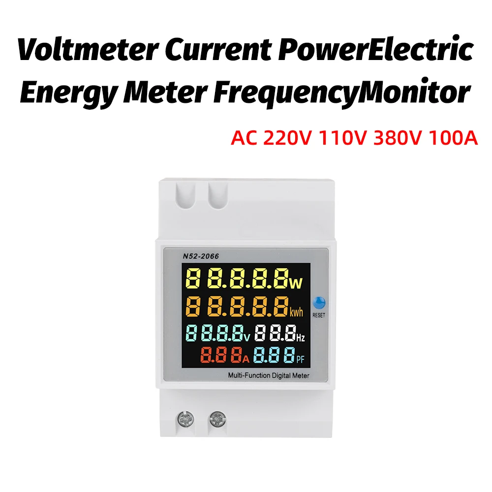 AC 220V 110V 380V 100A Din Rail Digital  Power Wattmeter Voltmeter Current Electric Energy kWh Meter Frequency Volt Amp Monitor