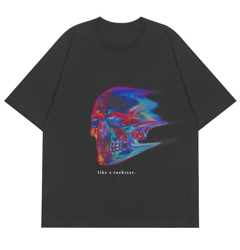 2025 صيف جديد التصوير الحراري العظام تي شيرت مطبوع القطن فضفاض وعصري قصيرة الأكمام الشارع الشهير للرجال والنساء