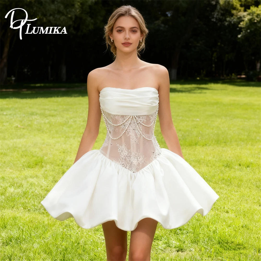 

DTLumika Sweet Illusion Short Reception Wedding Dress for Women, Stain Mini Bride Dresses Pearls Chain Lace Bridal Gown Wedding