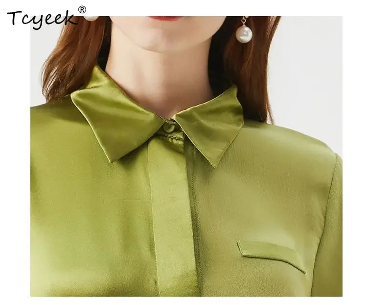 Tcyeek puro 100% seda elegante vestidos de cetim cor sólida manga curta rendas vestido de festa casual para mulheres senhora do escritório d3n229qm