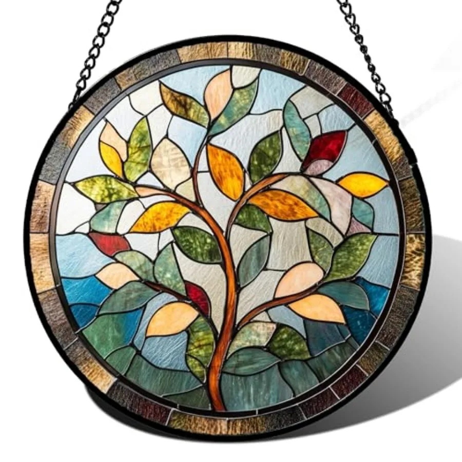 

Stained Glass Window Hanging Colorful Tree of Life Large 11.8" - Plant Leaves Suncatcher Door Garden Sun Catcher Home Decor Bir